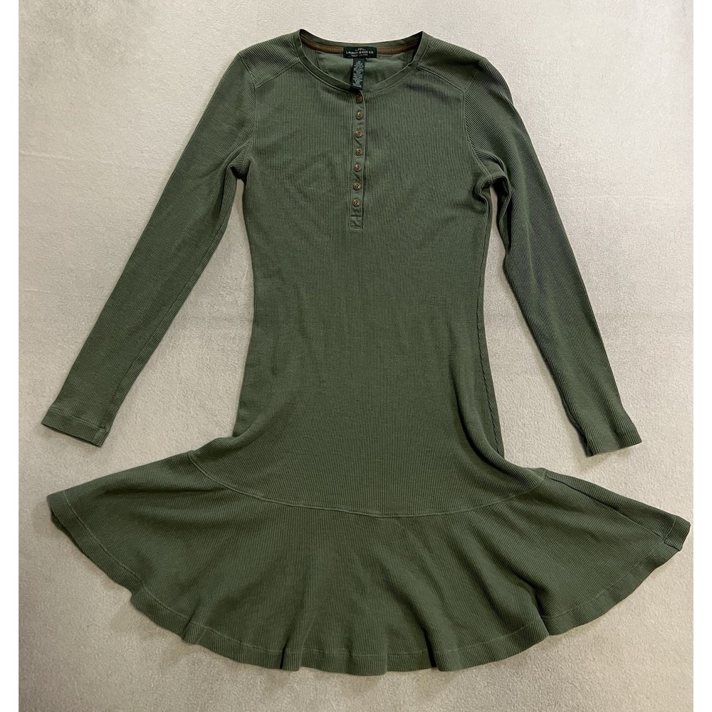 Lauren Ralph Lauren Olive Green Thermal Waffle Henley Dress Ruffle Hem Medium